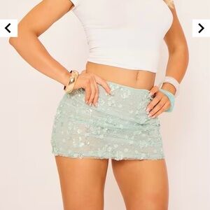 NWT Sequin Flower Embellished Mini Skirt Green Mesh Small